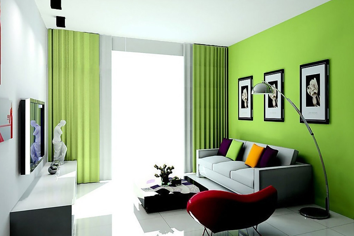 Сочетание зеленого и белого в интерьере комнаты